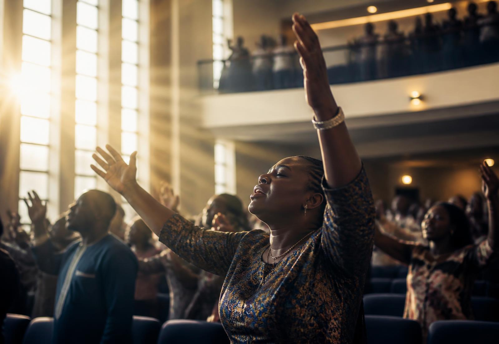Congregation worshipping in a light-filled sanctuary